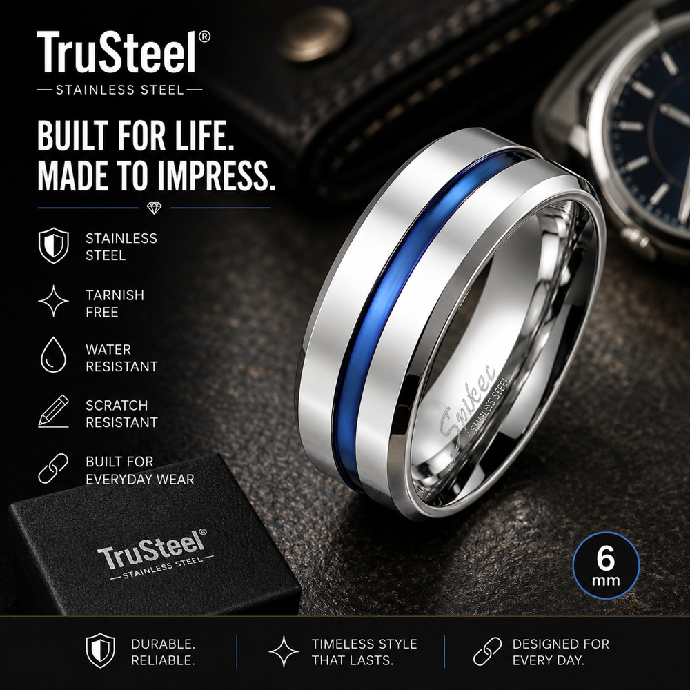 Men’s 316L Stainless Steel Blue Silver Ring Band Comfort Fit Silver 8mm Size 10